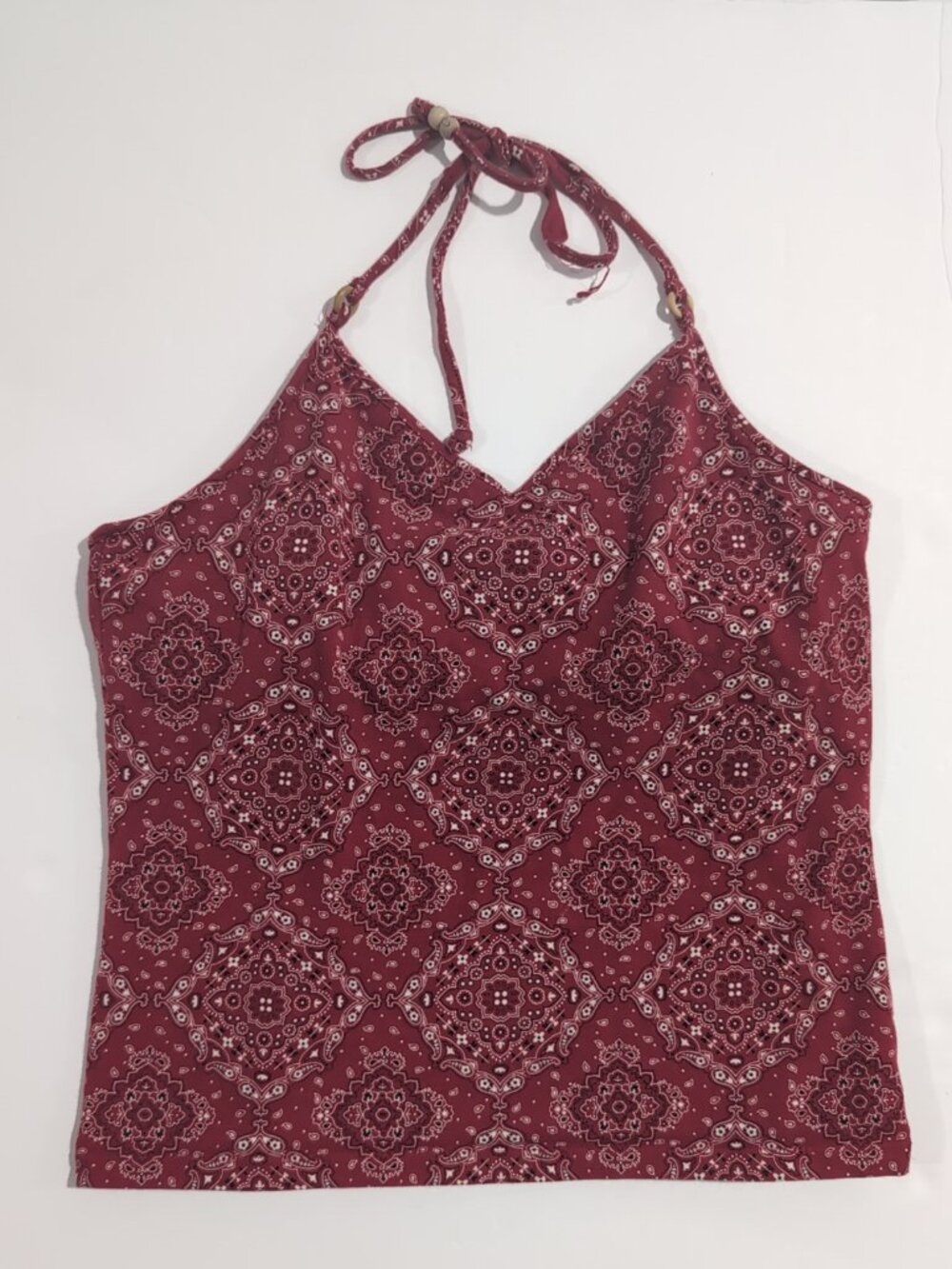 Vtg Y2K Old Navy Red Bandana Halter Top Perfect Fit Stretch Paisley Wood Beads L